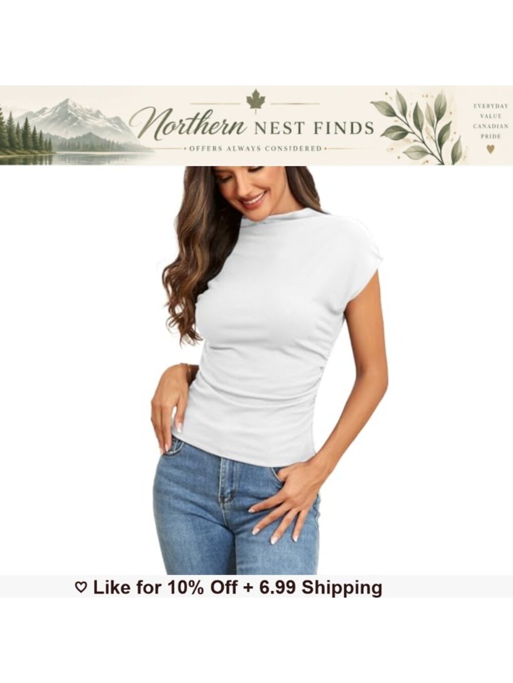 Mock Neck Cap Sleeve Ribbed Slim Fit Ruched Sides Tee